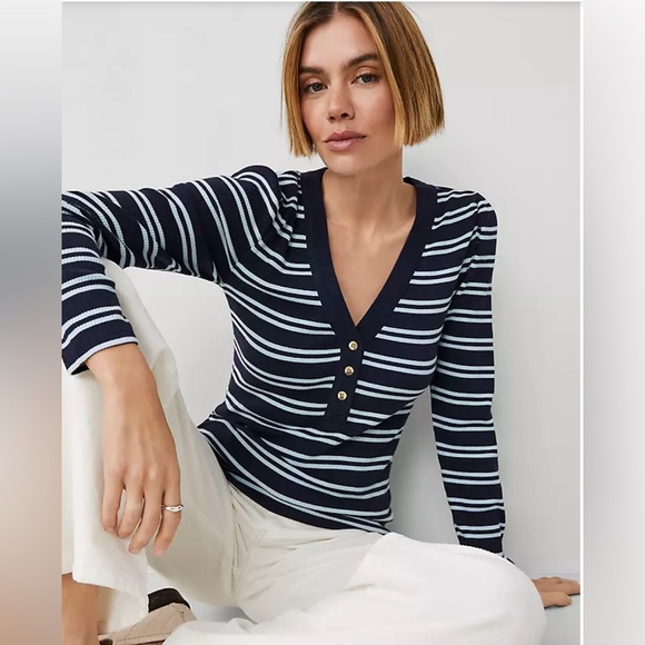 Ann Taylor Tops - Ann Taylor Petite Weekend Collection Striped Puff Sleeve Top